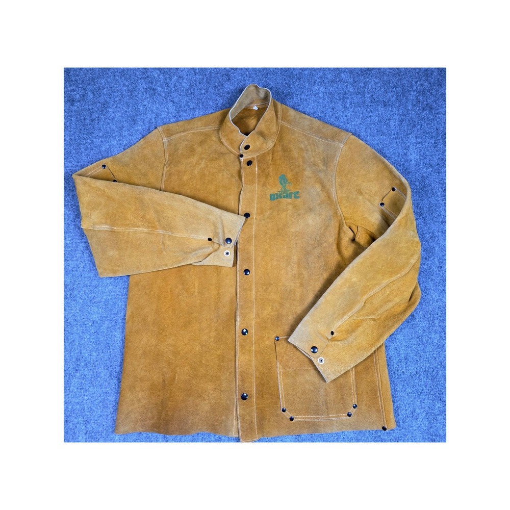 Oxarc Welding Jacket Mens Large Tan Suede Leather Snap Front Workwear Logo